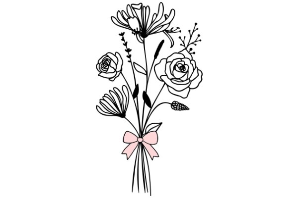 A Bouquet of Flowers with a Pink Bow, Illustrated in