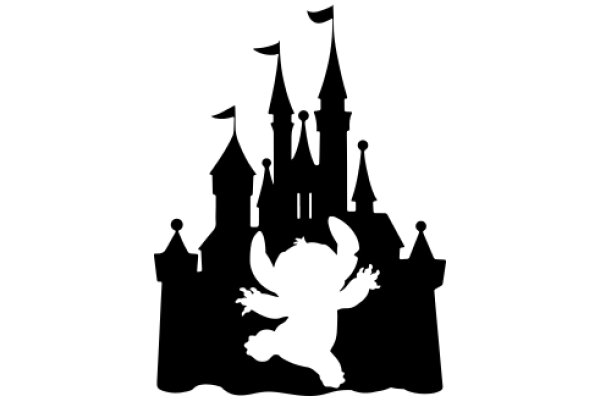 A Silhouette of a Castle and a Character, Set Against a White Background