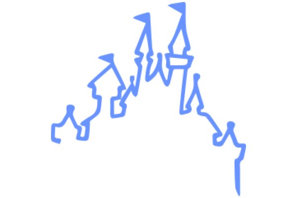 A Blue Line Artwork: A Castle-like Structure with People and Towers