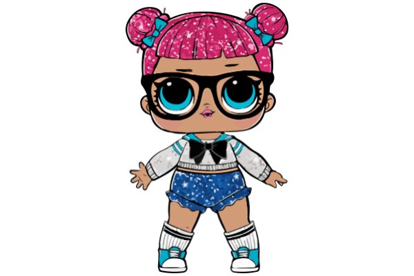 Stylish Cartoon Character with Pink Hair and Blue Shorts