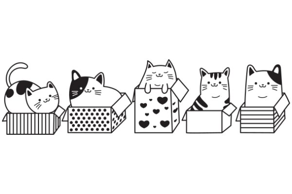 A Whimsical Collection of Cartoon Cats and Boxes