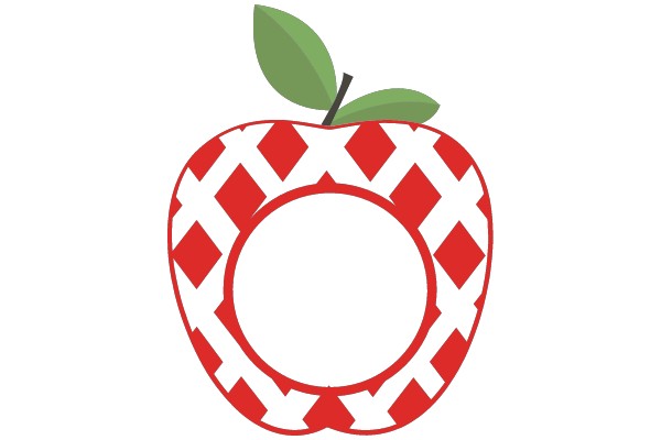 Vibrant Red Apple with a Green Leaf in a Checkered Pattern