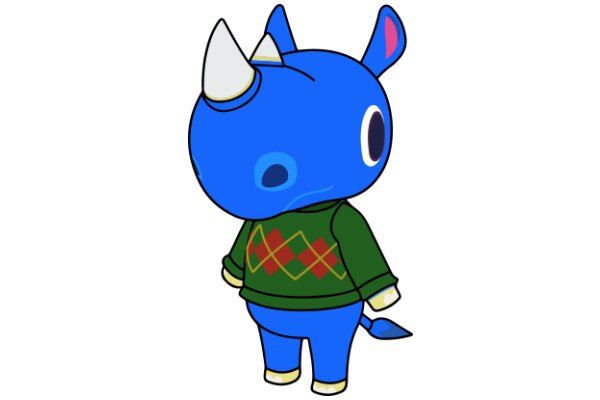 A Friendly Blue Cartoon Character with a Green Sweater and Horns