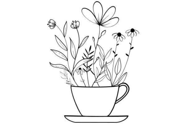 A Delightful Illustration of a Cup of Coffee with Flowering Plants