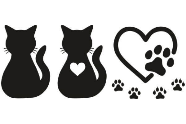 Silhouette of a Cat and a Heart with Paw Prints