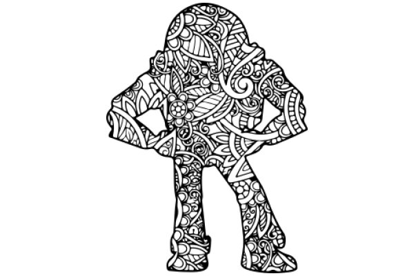 Stylized Line Art of a Humanoid Figure with Intricate Patterns