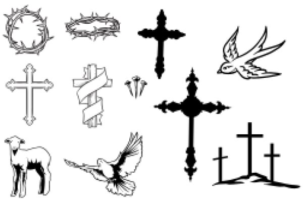 A Collection of Symbolic Icons: Crosses, Birds, and Thorns