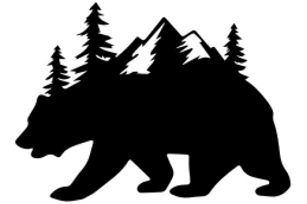 Silhouette of a Bear and Mountains on a White Background