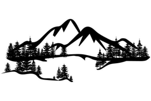 Silhouette of a Mountainous Landscape with Trees and a River