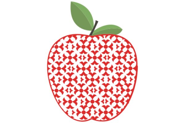 Vibrant Red Apple with a Green Leaf, Illustrated in a Stylized Pattern