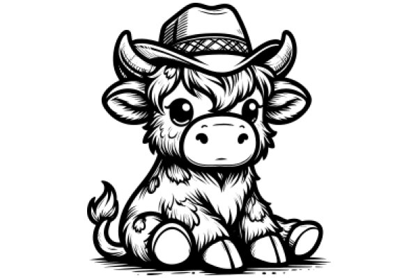 A Cute Cow Character with a Cowboy Hat, Sitting and Looking Forward