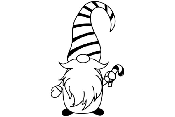 Whimsical Cartoon of a Gnome-like Character with a Striped Cane