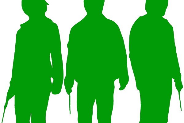 Three Silhouettes of People, Each Holding a Stick or Pole