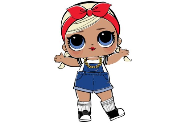 Adorable Cartoon Character with Red Bow and Blue Shorts