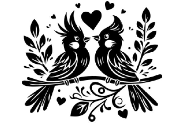 Illustration of Two Birds in Love, Surrounded by Nature and Heart Symbols