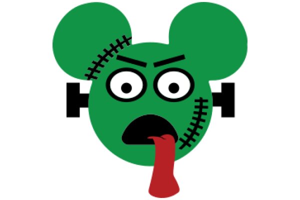 A Stylized Green Minion with a Tongue Out and Sewed Eyes