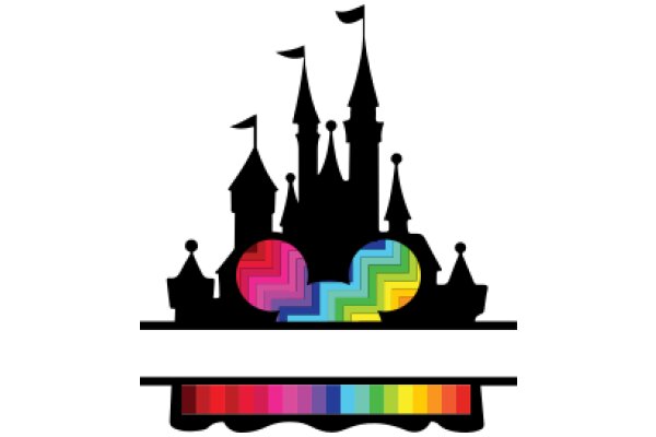 A Colorful Castle Illustration with a Rainbow Ball and a Flag on Top