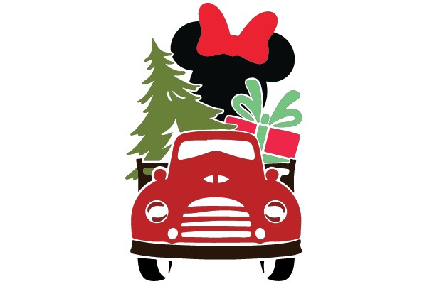 A Festive Christmas Scene with a Red Car, Trees, and a Gift