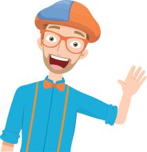 Stylish and Friendly: A Cartoon Character with a Blue Hat and Orange Bowtie