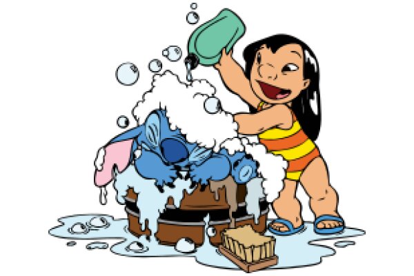 A Playful Scene of a Girl Washing a Dirty Bunny