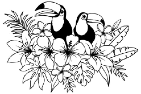 A Whimsical Illustration of Two Birds Amidst a Flowery Bouquet