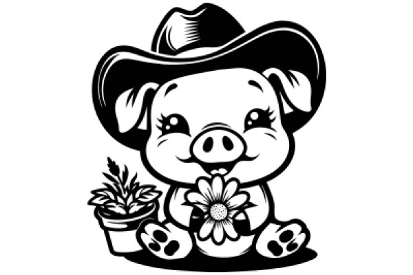 A Cute Cartoon of a Pig Character Holding a Flower and a Plant