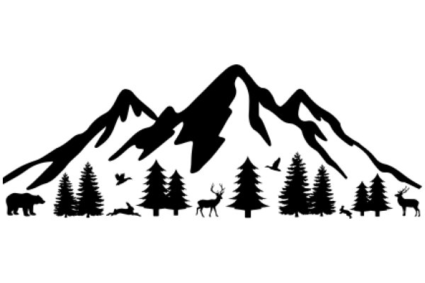 Silhouette of a Mountainous Landscape with Wildlife