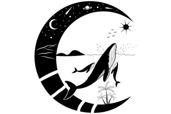 A Whimsical Night Under the Stars with a Whale and a Crescent Moon