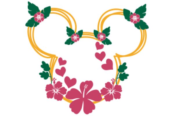 Whimsical Floral Heart Design with Pink and Yellow Flowers and Green Leaves