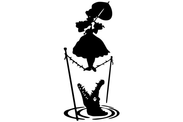 Silhouette of a Whimsical Scene: An Alligator, a Lady, and an Umbrella