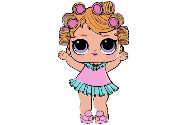 Cute Cartoon Character with Curly Hair and Pink Dress