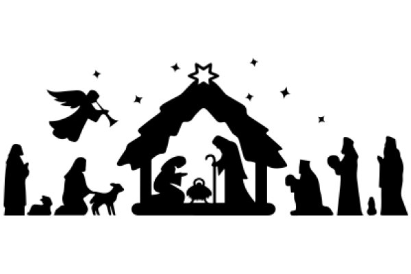 Silhouette Nativity Scene with Stars and Angels