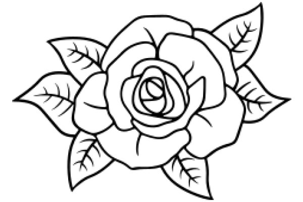 Stylized Rose with Leaves: A Line Drawing