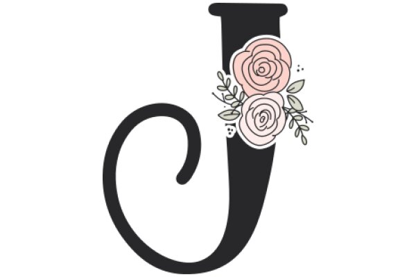 Stylized Letter J with Pink Roses and Green Leaves