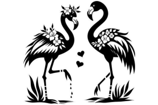 Silhouette of Two Flamingos with Flowers and a Heart