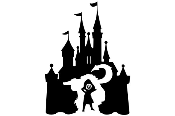 Silhouette of a Castle and a Character, with Flags and Towers