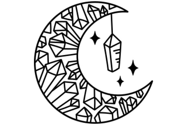 Moonlit Crescent with Geometric Patterns and a Hanging Object