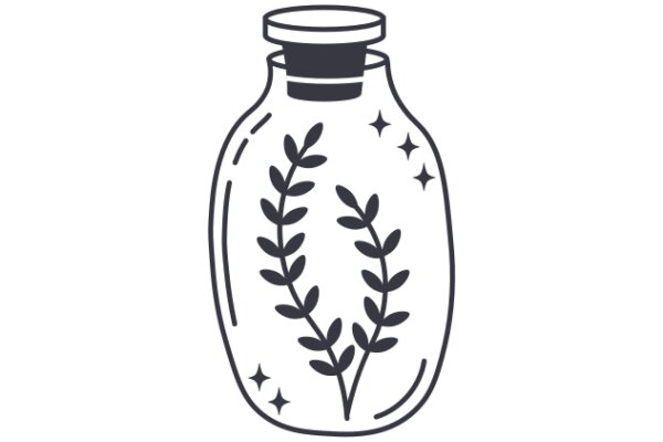 A Simple Line Drawing of a Glass Bottle with a Plant Design