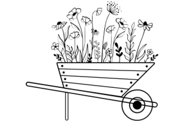 A Whimsical Garden: A Line Drawing of a Flower-Filled Wheelbarrow