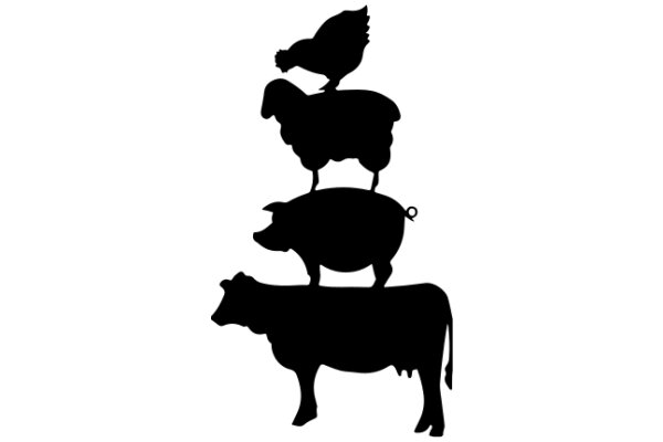 A Silhouette of a Cow and Three Birds on a White Background