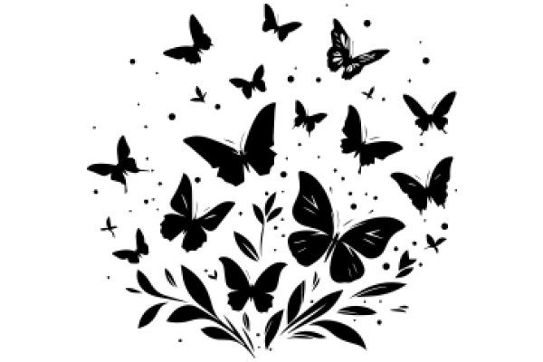 Elegant Black Silhouette of Butterflies and Flowers