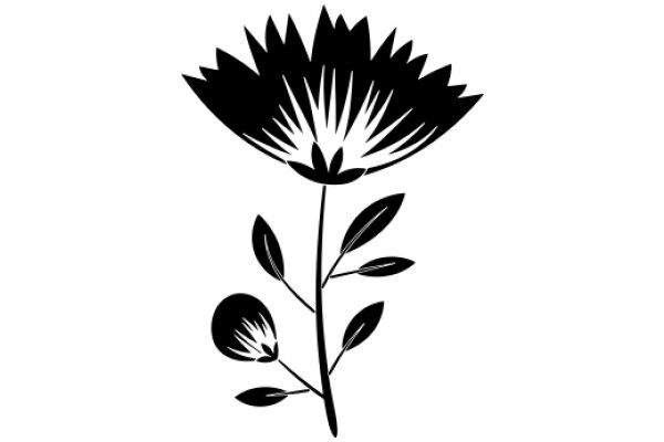 Stylized Black Flower with Leaves and Stem