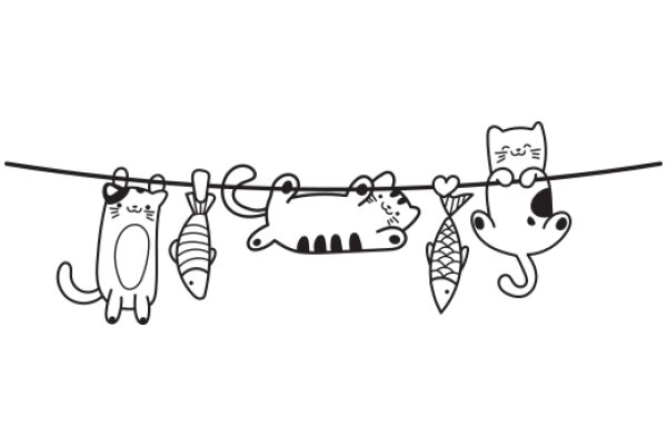 A Whimsical Scene of Cartoon Animals on a Clothesline