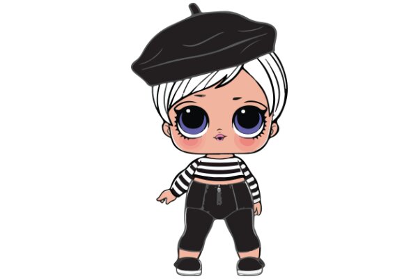 Stylish Cartoon Character: A Fashionable Female with a Chic Hat and Striped Shirt