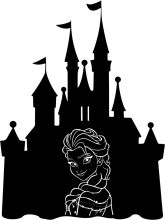 A Silhouette of a Castle and a Woman, Set Against a White Background