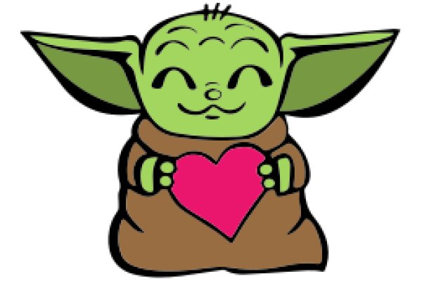 A Cute Cartoon of a Green Ewok Holding a Pink Heart