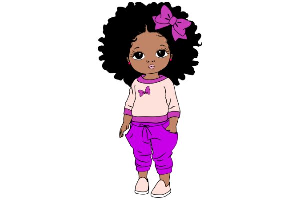 Stylish Cartoon Character: A Girl with Purple Pants and a Pink Bow