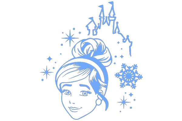 Whimsical Illustration: A Blue-Haired Girl with a Smile, Surrounded by Stars and Snowflakes