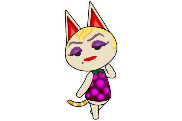 Stylish Cartoon Cat with a Purple Dress and Red Ears