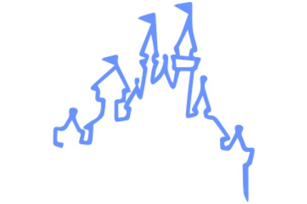 A Blue Line Artwork of a Castle with People and Flags